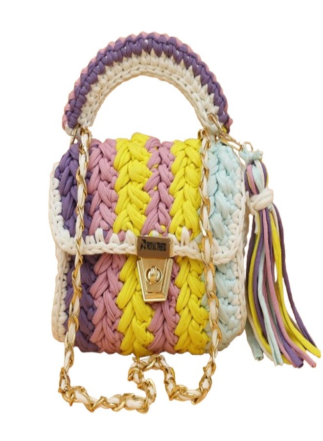 ROYAL TREND Handcrafted Ethnic Sling Bag with Intricate Tassel Detailing, Chain Shoulder Strap, and Elegant Design - Perfect for Casual and Formal Occasion Gifted Product Yellow&white (Multi 8) - Image 2